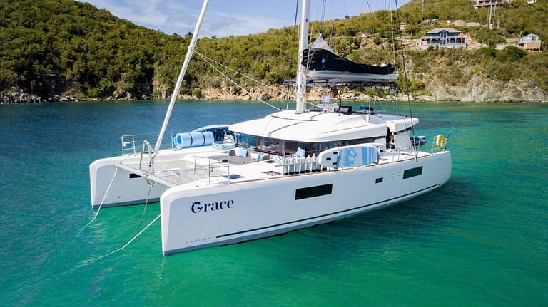 Charter Catamaran, GRACE, Accommodates 6 guests in 3 ensuite cabins. All Inclusive week charters in the BVI starting at $30,000. Captain and Chef Onboard.
