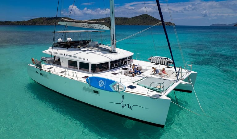 charter catamaran, BLUEWINDS, accommodates 8 guests with 2 crew. 5-7 night, All inclusive charters in the BVI available.