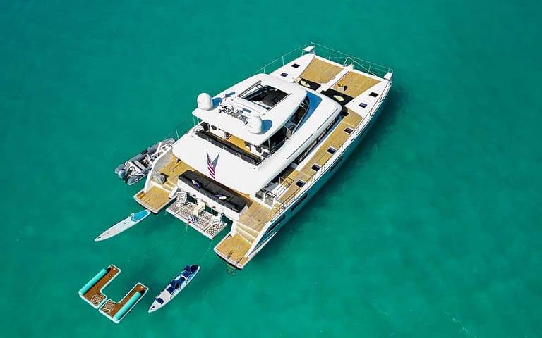 Charter Catamaran ULTRA Accommodates 8 guests in 4 cabins. All Inclusive week charters in the BVI starting at $40,000. Full Crew, Captain & Chef onboard.